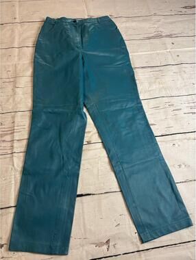 Via Accenti Genuine Leather Tapered Leg Pants Lined Casual Zip Turquoise (A5)